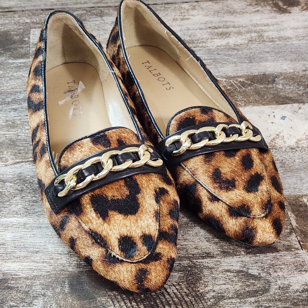 Talbots Womens 6 Leopard Print Calf Hair Loafers Gold Chain Ballet Flats Shoes